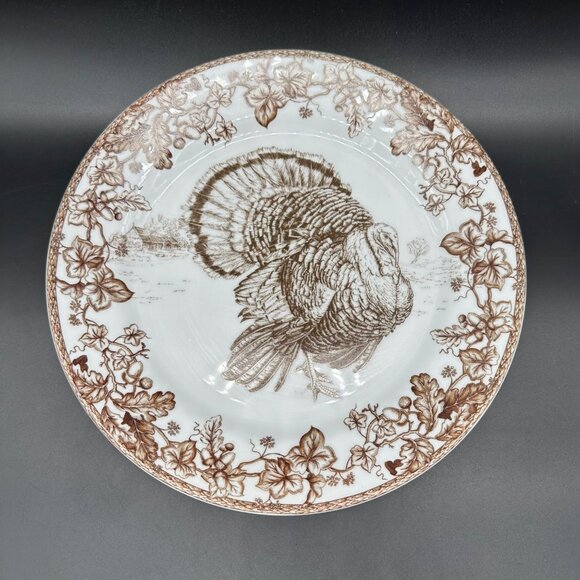 Williams Sonoma Dinner Plate Plymouth Turkey Toile Brown Thanksgiving Ceramic - Picture 2 of 7